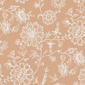 Vintage line art floral design with toile vibe, warm beige, medium