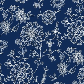Vintage floral design with toile vibe, blue navy, medium
