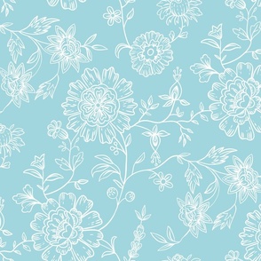 Vintage line art floral design with toile vibe, light blue, medium