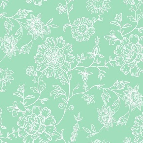 Vintage line art floral design with toile vibe, mint, medium