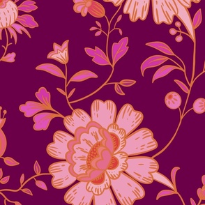 Vintage hand drawn indian florals, pink, purple, mauve, large