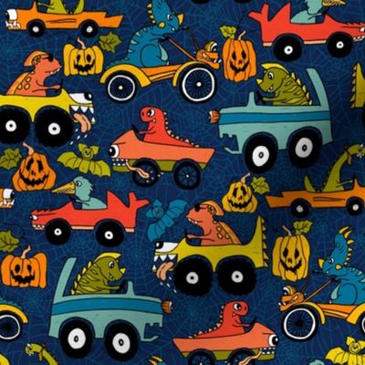 Cool Dinosaurs on their Monster trucks on Halloween racing-colorful retro on dark blue  Small