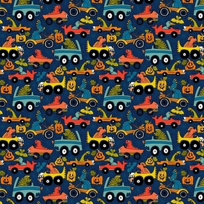 Cool Dinosaurs on their Monster trucks on Halloween racing-colorful retro on dark blue  Small