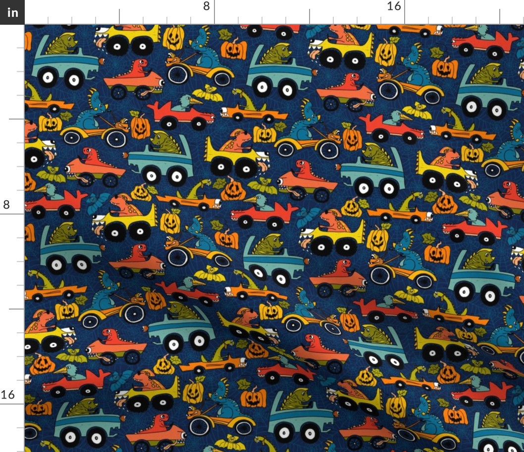 Cool Dinosaurs on their Monster trucks on Halloween racing-colorful retro on dark blue  Small