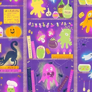 colorful monsters in a witch library