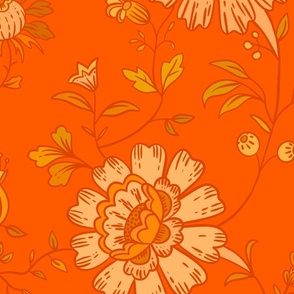 Vintage hand drawn indian florals, orange and yellow hues, large