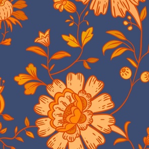 Vintage hand drawn indian florals, orange hues on dark blue, large