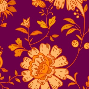 Vintage hand drawn indian florals, orange hues on purple-red, large
