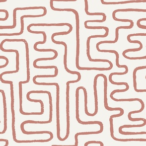 Boho Chic Hand-drawn Pink Clay Coral Clay Line Art in Ethnic Tribal Design on Earthy Ivory Ecru Off-White Background in Modern Minimalistic Mid-Century Aesthetic for Upholstery, Wallpaper & Scandinavian Home Décor with Neutral Color Palette