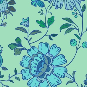 Vintage hand drawn indian florals, green-blue hues on mint, large