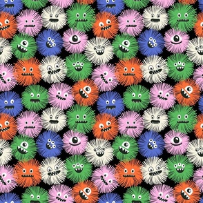 Cute Halloween Fluffy Monsters Funny Halloween Monster Modern Kids Scary Faces Orange Pink Blue Green on Black - Small