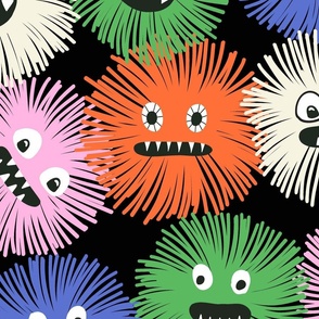 Cute Halloween Fluffy Monsters Funny Halloween Monster Modern Kids Scary Faces Orange Pink Blue Green on Black - Large