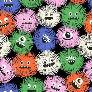 Cute Halloween Fluffy Monsters Funny Halloween Monster Modern Kids Scary Faces Orange Pink Blue Green on Black - Medium