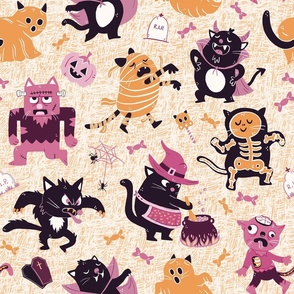 LARGE Fun Halloween Black Cat Monster Mash Orange and Pink