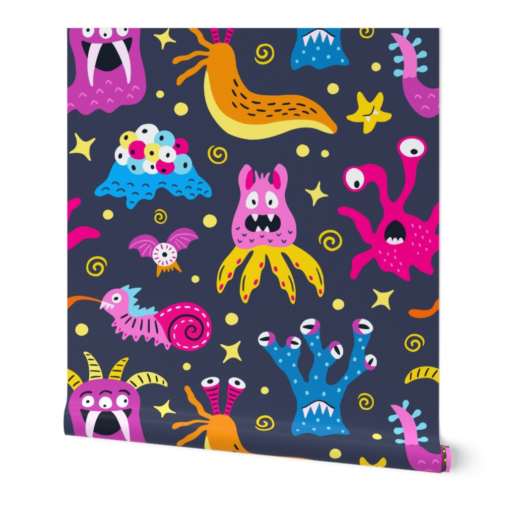 Friendly monsters from outer space - bright neon color palette -  cute creatures with many eyes
