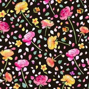 Buttercups and ranunculus watercolor floral Multicolor Black Medium