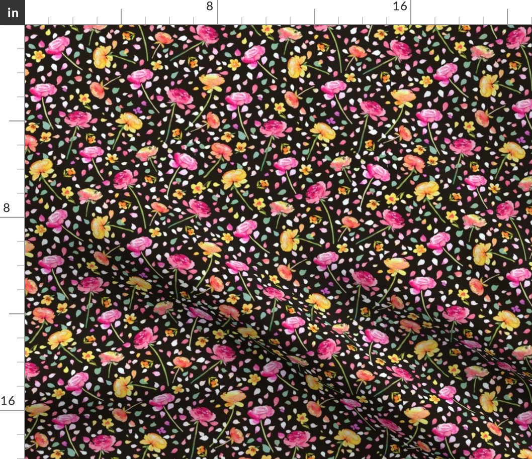 Buttercups and ranunculus watercolor floral Multicolor Black Micro