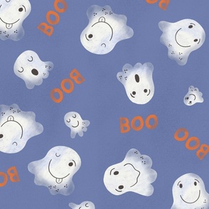 White ghost monsters, orange boo scream text in blue