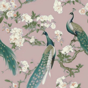 Whimsical Peacock Plumes  - Rose/Taupe Wallpaper - New 