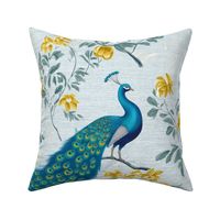 Blooming Plumage - Blue/Yellow Floral on Blue Grasscloth Wallpaper