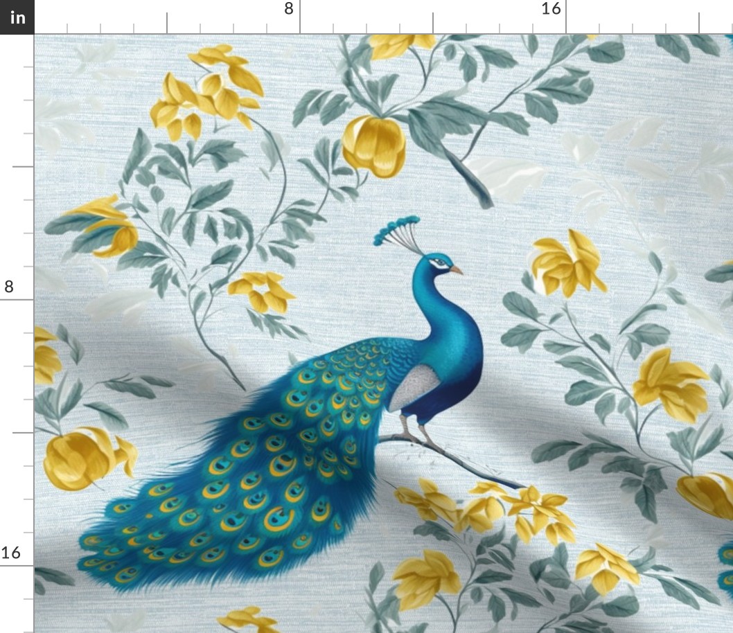 Blooming Plumage - Blue/Yellow Floral on Blue Grasscloth Wallpaper