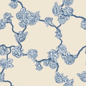 Blue roses on vines, neutral, off white, egg-shell, light tan - medium print