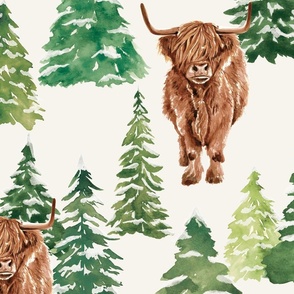 Watercolor Highland Cow Winter Woodland Forest 24 inch