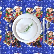 1 Merry Christmas  cowboys cowgirls texas wild wild west western children Toboggan sled snowflakes dark blue sky winter wreaths gifts presents candy canes stocking toys hats red blue boys girls vintage retro kitsch xmas 