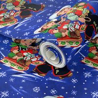 1 Merry Christmas  cowboys cowgirls texas wild wild west western children Toboggan sled snowflakes dark blue sky winter wreaths gifts presents candy canes stocking toys hats red blue boys girls vintage retro kitsch xmas 