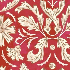 French Country Florals and Leaves in shades of red and magenta and off white _12x12