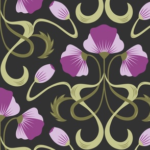 Art Nouveau Poppies– lilac flowers with green leaves on dark gray background