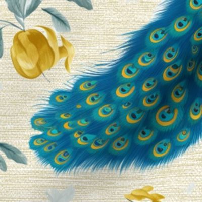 Blooming Plumage - Blue/Yellow Floral on Gold Grasscloth Wallpaper - New