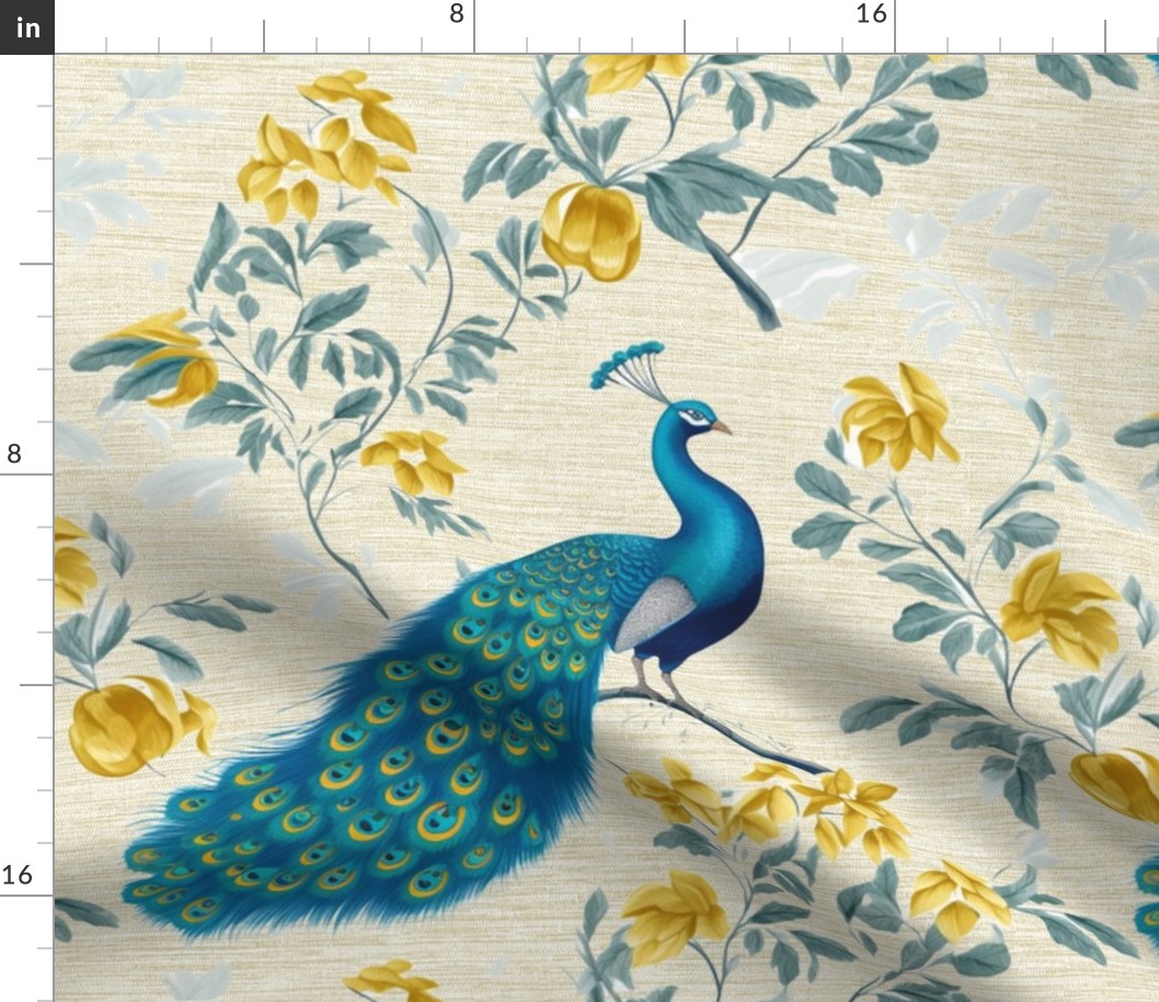 Blooming Plumage - Blue/Yellow Floral on Gold Grasscloth Wallpaper - New