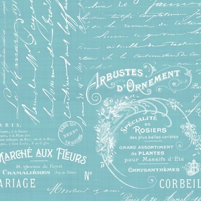 Simple Linen Texture Pattern Coordinate For Fleur de Lis Pattern French Script White On Teal