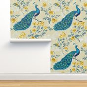 Blooming Plumage - Blue/Yellow Floral on Gold Paisley Wallpaper