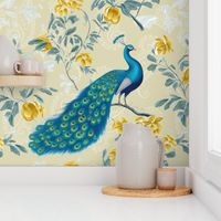 Blooming Plumage - Blue/Yellow Floral on Gold Paisley Wallpaper