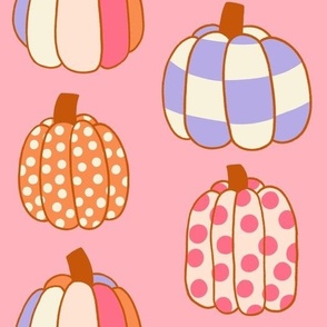 Large Retro Halloween Painted and Patterned Pumpkins on Pink