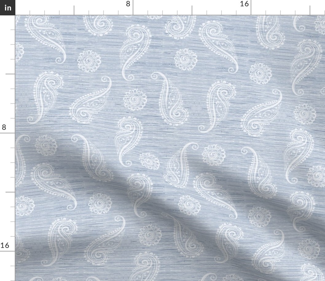 Playful Paisley - White on Blue/White Grasscloth