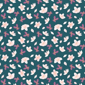 Apple Blossoms and Violets on Peacock Teal Blue (Medium Sized)