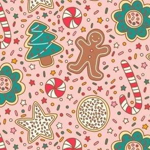 Medium Retro Christmas Cookies, Gingerbread Men, Candy Cane and Sprinkle on Pink