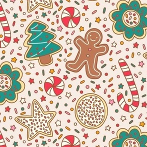 Medium Retro Christmas Cookies, Gingerbread Men, Candy Cane and Sprinkle on White