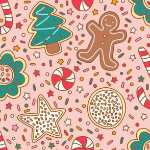 Large Retro Christmas Cookies, Gingerbread Men, Candy Cane and Sprinkle on Pink