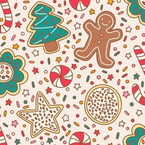 Large Retro Christmas Cookies, Gingerbread Men, Candy Cane and Sprinkle on White
