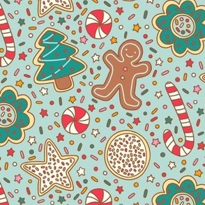 Medium Retro Christmas Cookies, Gingerbread Men, Candy Cane and Sprinkle on Mint Green