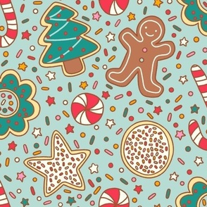 Large Retro Christmas Cookies, Gingerbread Men, Candy Cane and Sprinkle on Mint Green