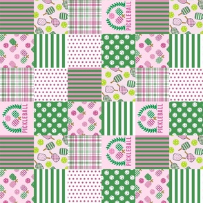 Pickleball Quilt 3 inch squares - pink and green pickle ball quilt_ pink wreath_ green and pink rotated