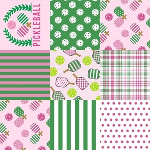 Pickleball Quilt 6 inch squares - pink and green pickle ball quilt_ pink wreath_ green and pink rotated