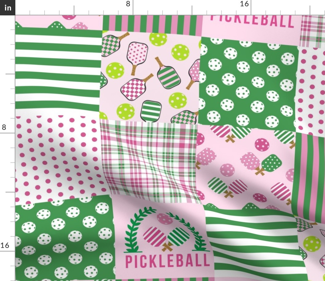 Pickleball Quilt 6 inch squares - pink and green pickle ball quilt_ pink wreath_ green and pink