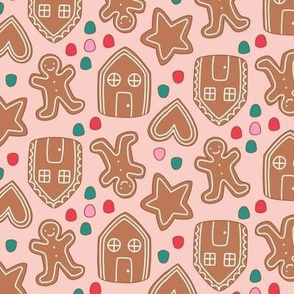 Small Retro Gingerbread Cookies with Gumdrops for Christmas and Holiday on Pink
