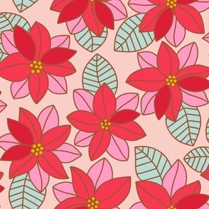 Large Retro Poinsettia Flowers on Pink for Christmas and Holiday